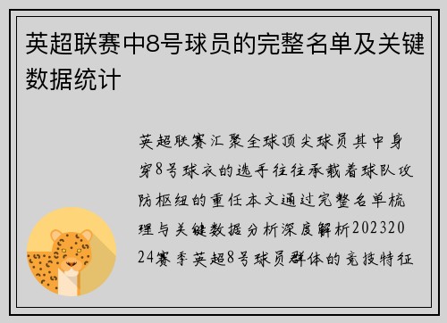 英超联赛中8号球员的完整名单及关键数据统计
